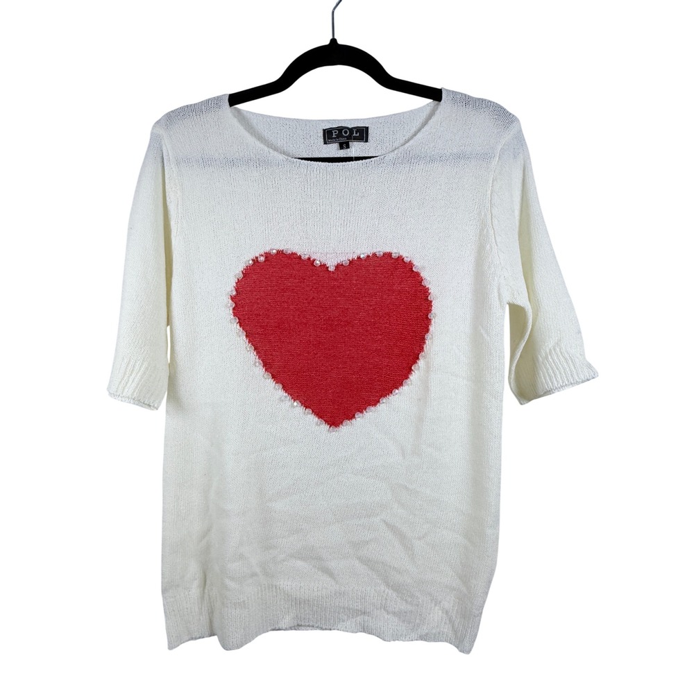 POL Cream Knit‎ Heart Sweater Top Size Small Red Heart Short Sleeve